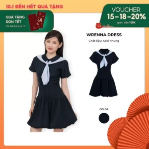 Đầm xòe cổ sơ mi tay ngắn kèm khăn choàng, váy liền dáng xòe kaki nhung phối cà vạt - Wrenna Dress